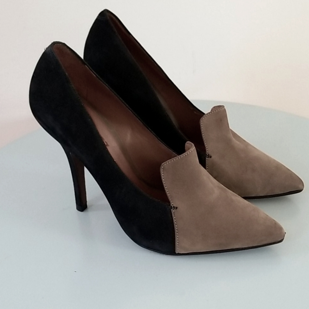 Schutz Black & Tan Pointy Toe Loafer Suede Pumps - Picture 5 of 14